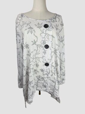 Ali Miles White Black Floral Crinkle Tunic Top Large Lagenlook Artsy Boho